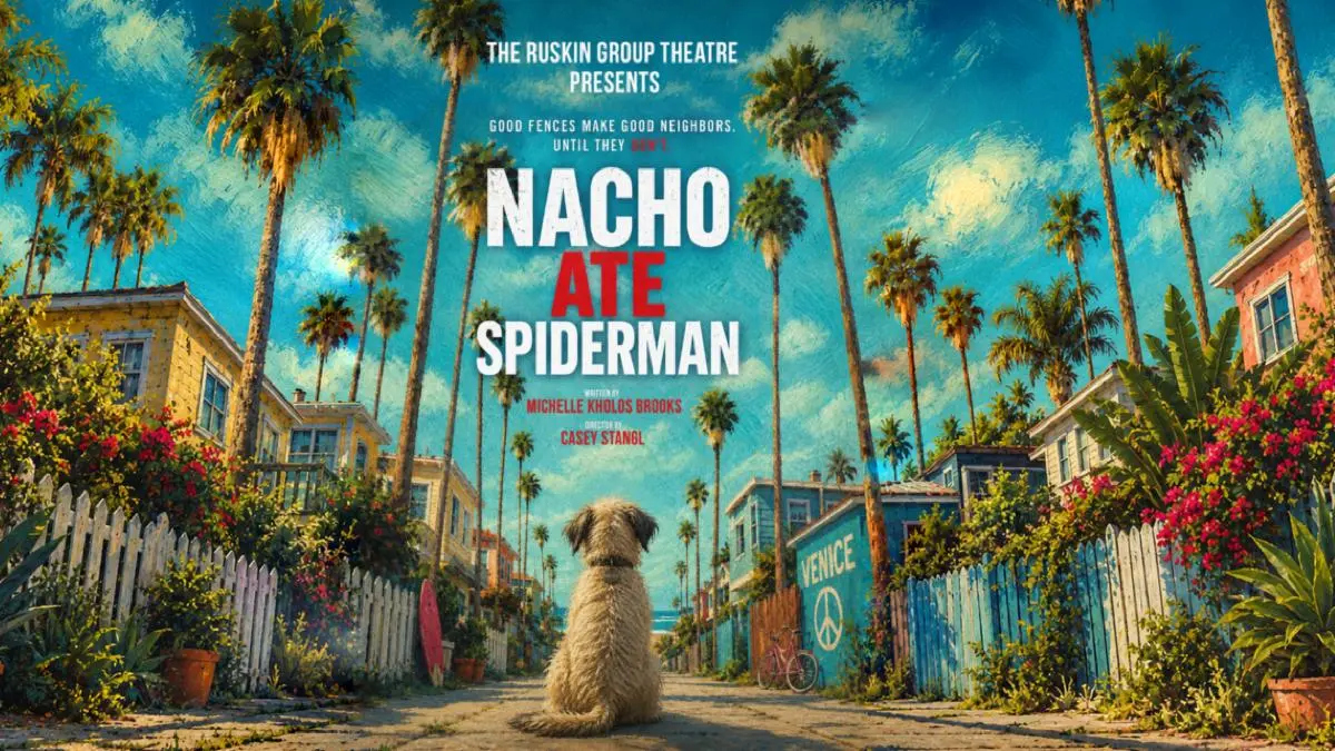 Nacho Ate Spiderman key art: a shaggy dog sits in a palm-lined Venice alley between two picket fences